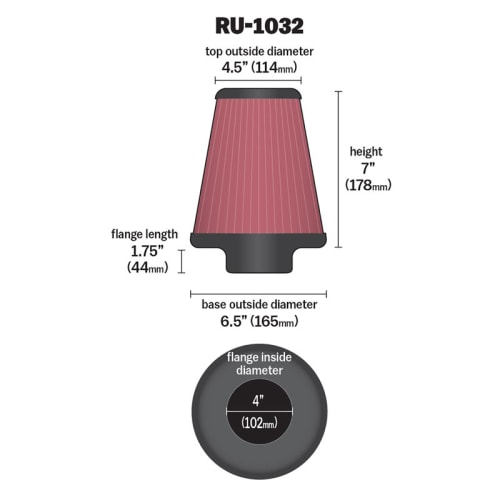 K&N Universal Clamp On Filter Fits 4 in (102 mm) KNRU-1032