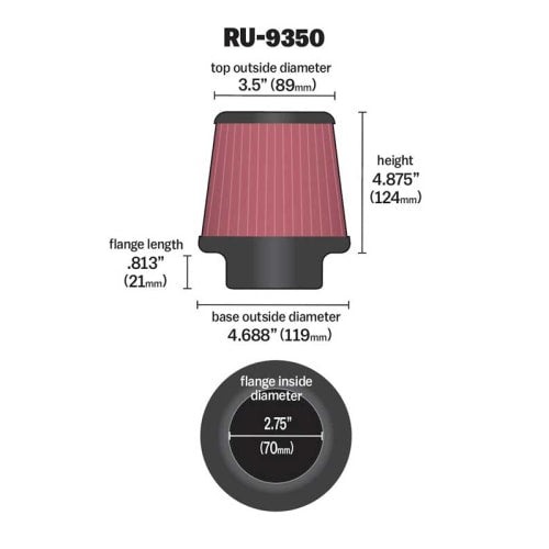 K&N Universal Clamp On Filter Fits 2.75 in (70 mm) KNRU-9350